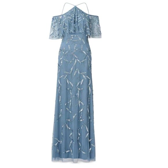Aidan Mattox Blue Silver Beaded Sequin Off the Shoulder Halter Gown Size 2 NEW - Picture 2 of 7